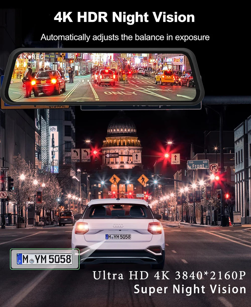 Dash Cam 4K 2160P CarPlay Android Auto | Rearview Mirror GPS 5G WiFi FM AUX DVR