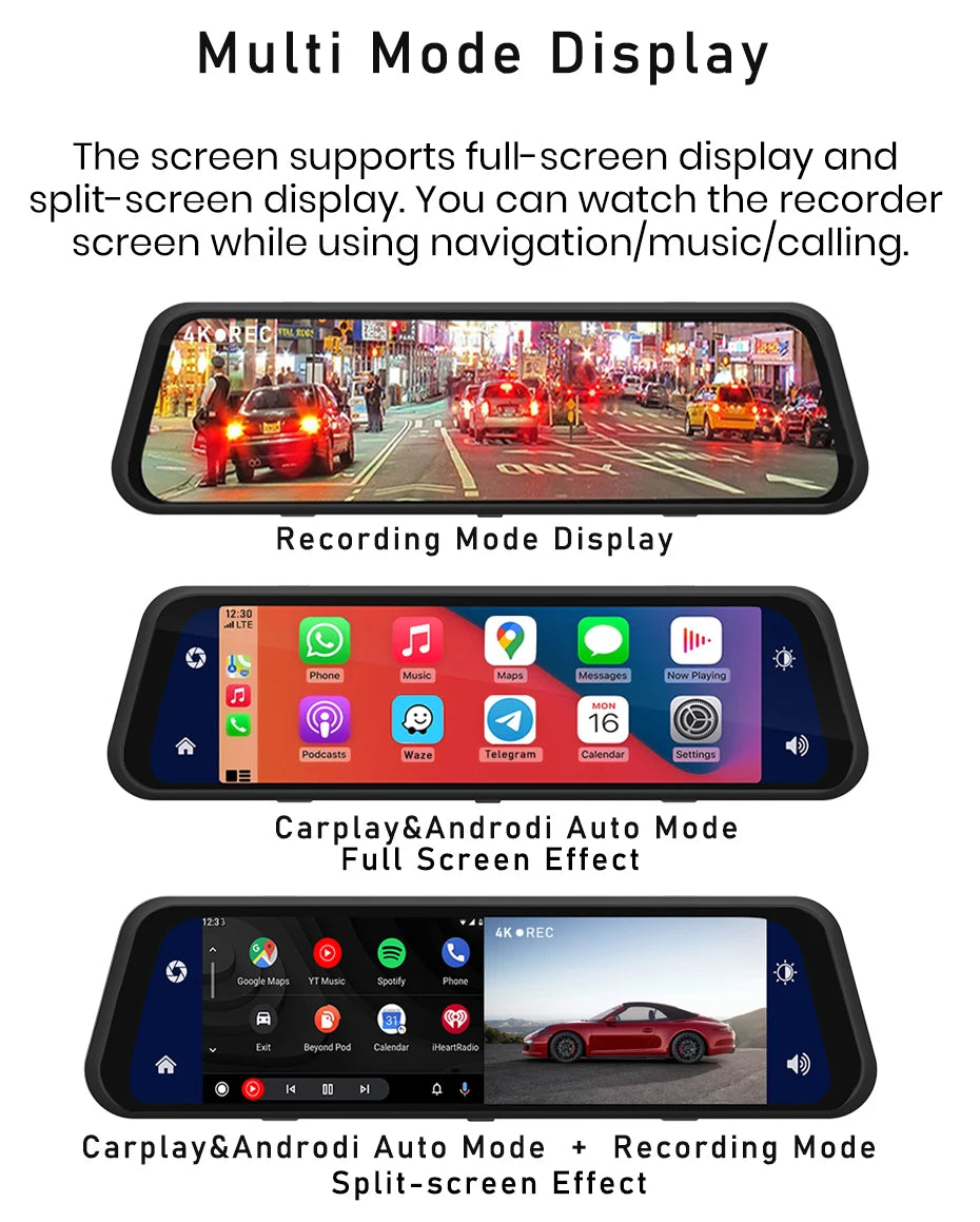 Dash Cam 4K 2160P CarPlay Android Auto | Rearview Mirror GPS 5G WiFi FM AUX DVR