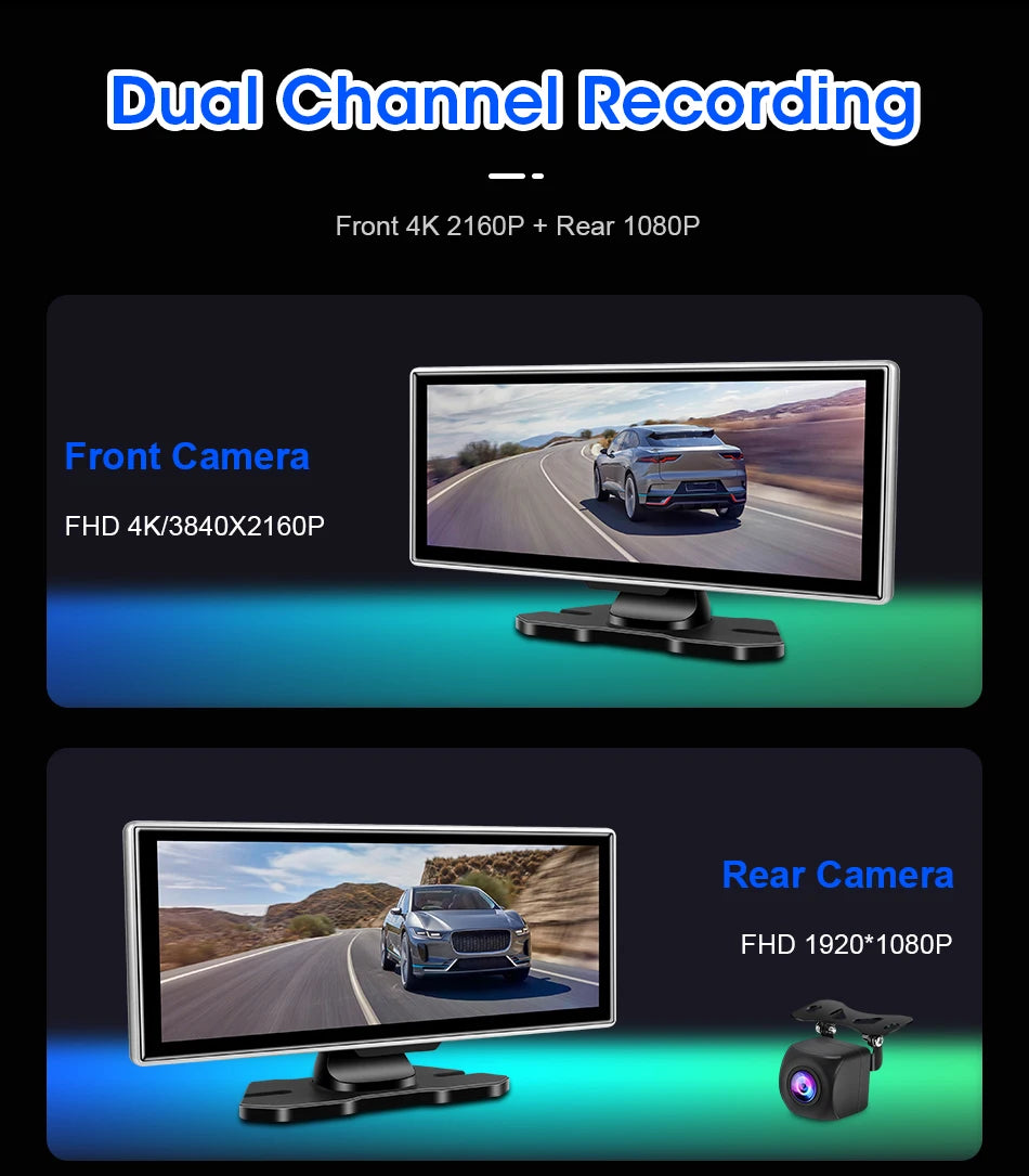 11.26" Dash Cam 4K Car DVR Wireless CarPlay Android Auto | GPS Dual Lens 5G WiFi FM