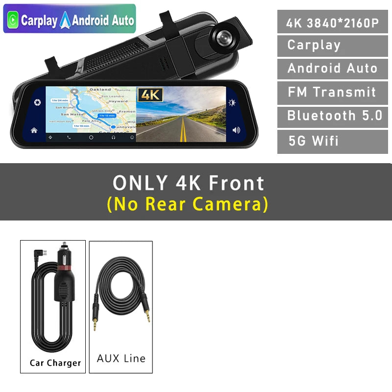 Dash Cam 4K 2160P CarPlay Android Auto | Rearview Mirror GPS 5G WiFi FM AUX DVR