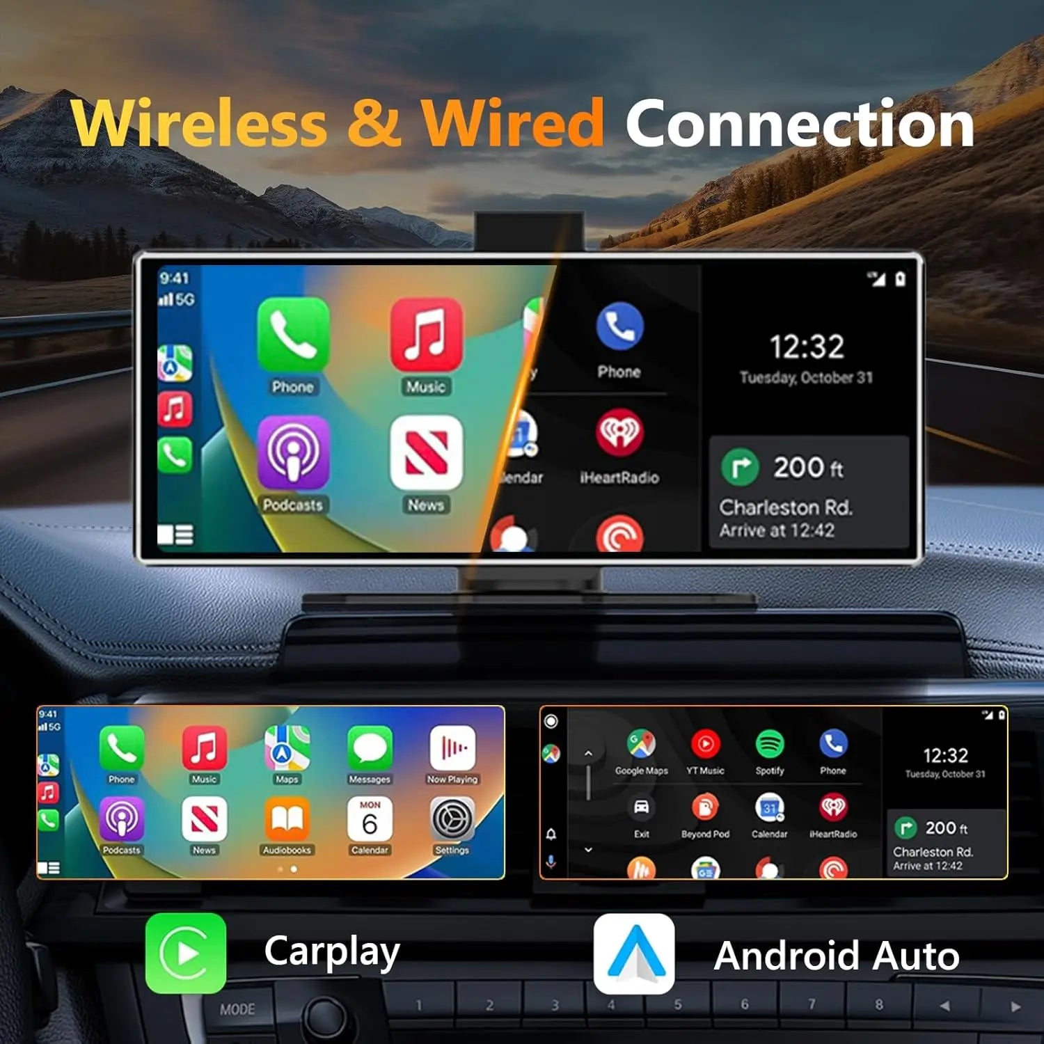 11.26" Dash Cam 4K Car DVR Wireless CarPlay Android Auto | GPS Dual Lens 5G WiFi FM
