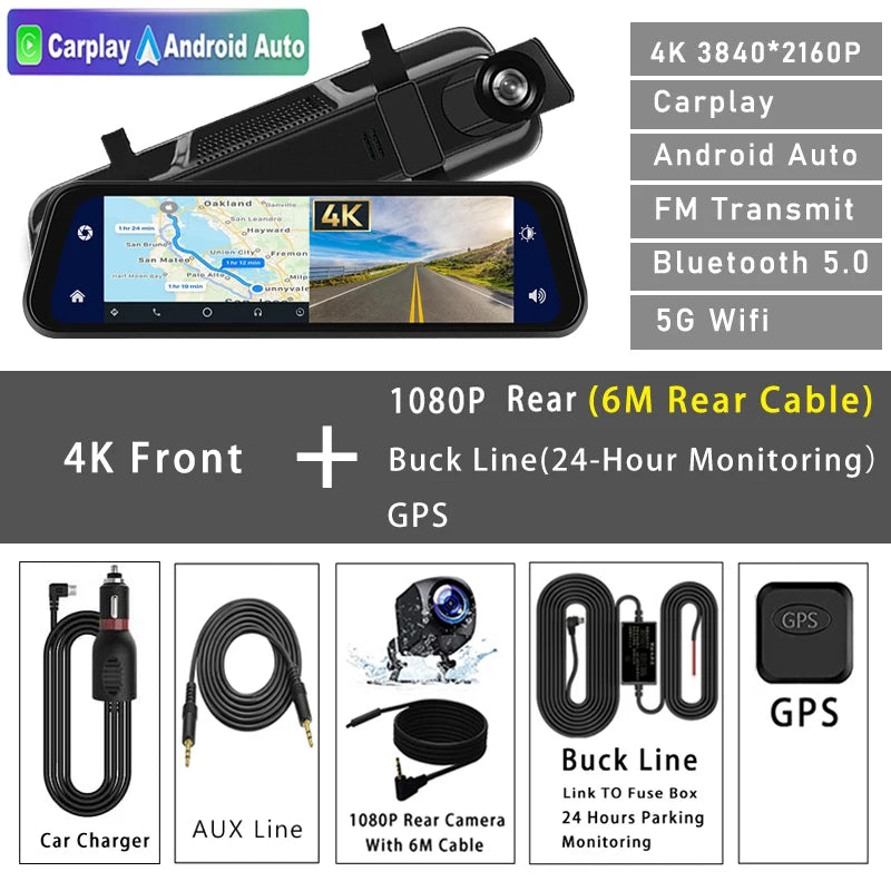 Dash Cam 4K 2160P CarPlay Android Auto | Rearview Mirror GPS 5G WiFi FM AUX DVR