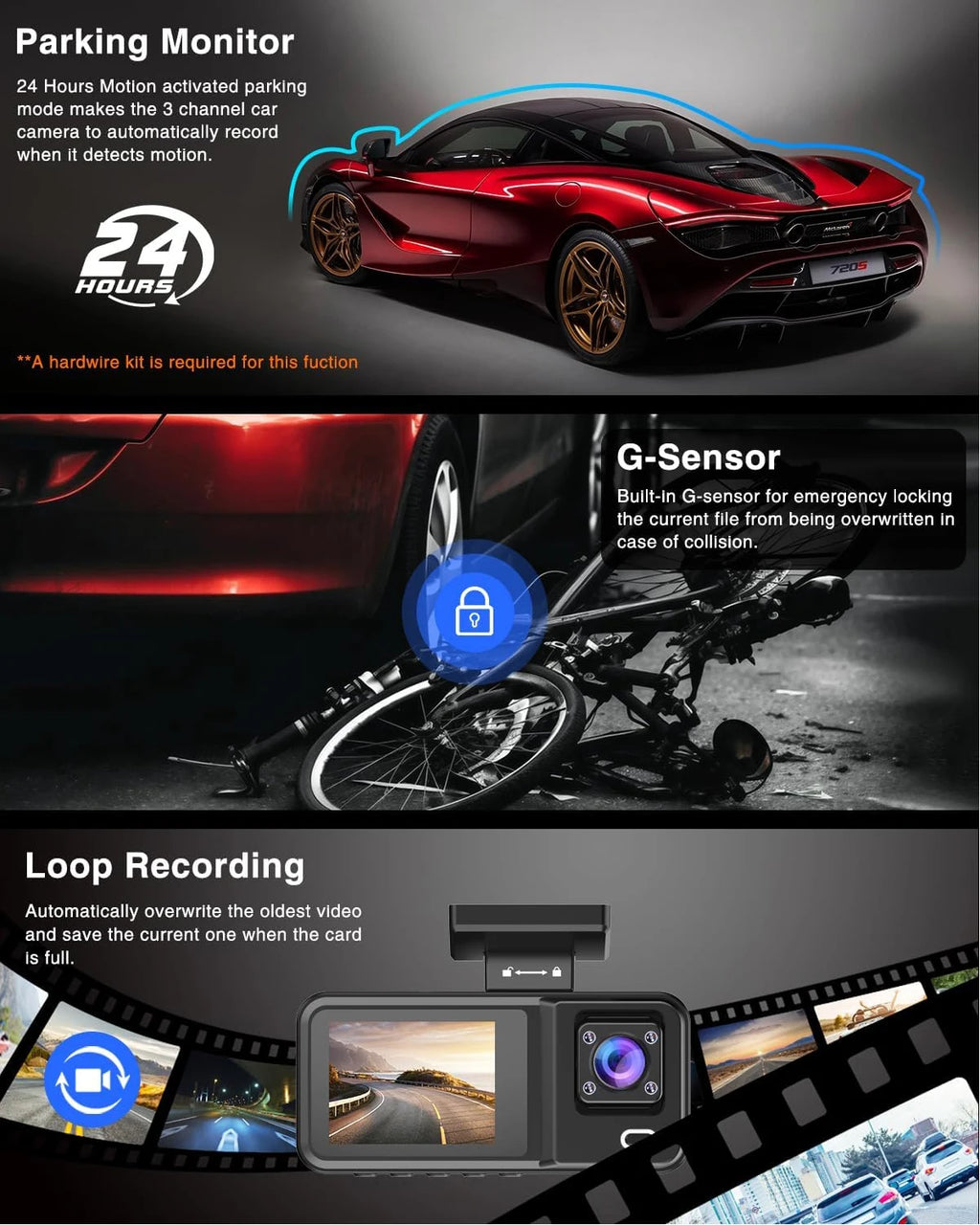 Dash Cam 3 Channel 1080P | Front Rear Inside Car DVR Camera Video Recorder
