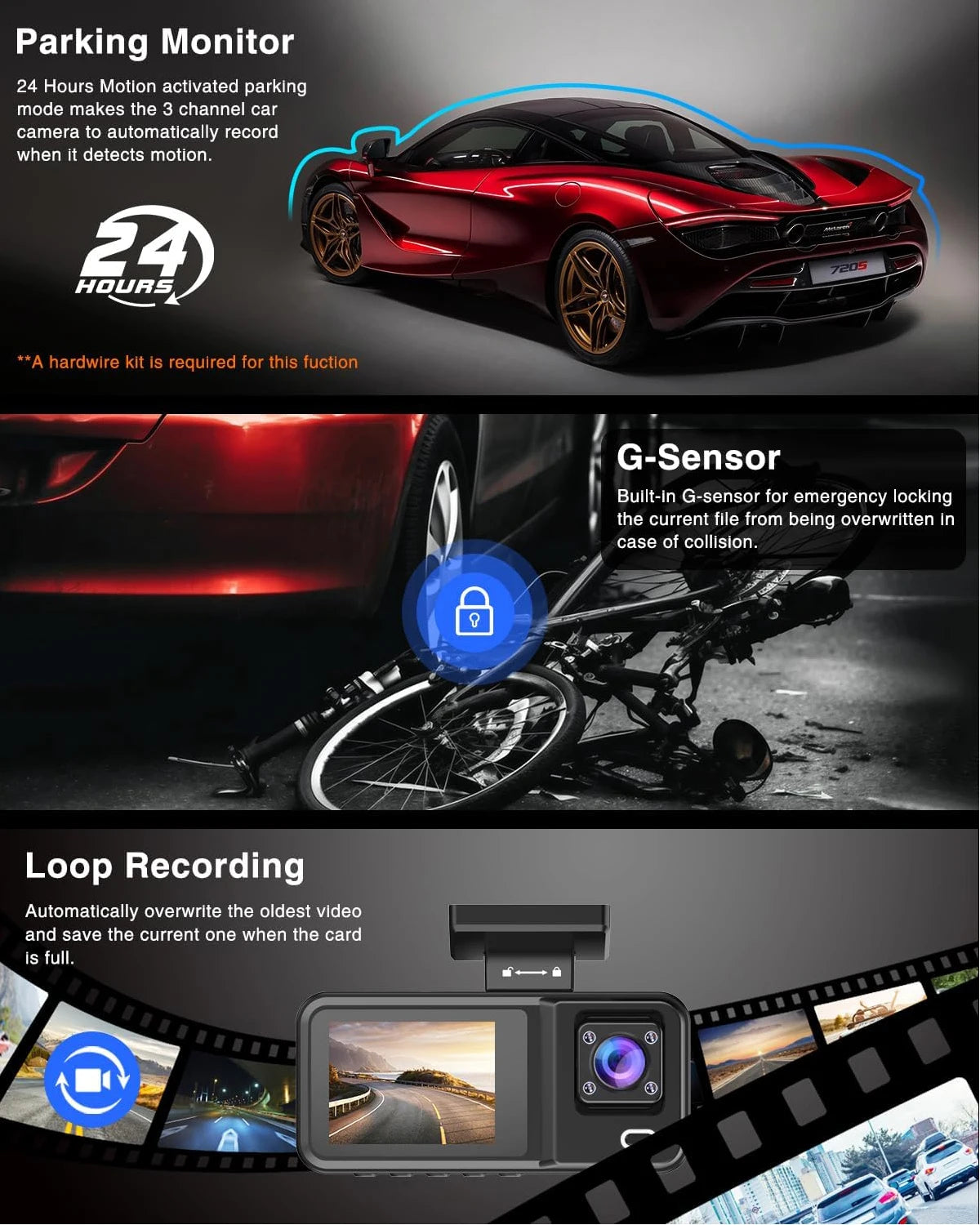 Dash Cam 3 Channel 1080P | Front Rear Inside Car DVR Camera Video Recorder