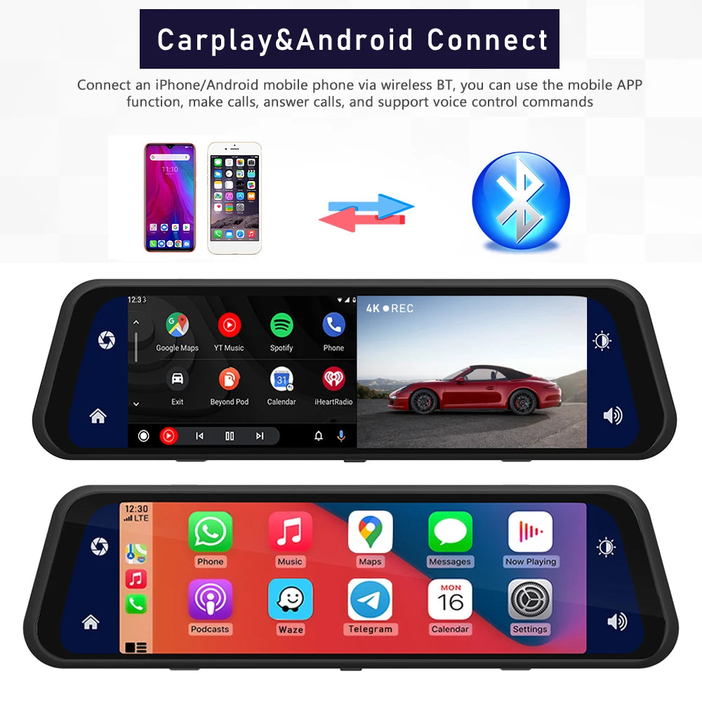 Dash Cam 4K 2160P CarPlay Android Auto | Rearview Mirror GPS 5G WiFi FM AUX DVR