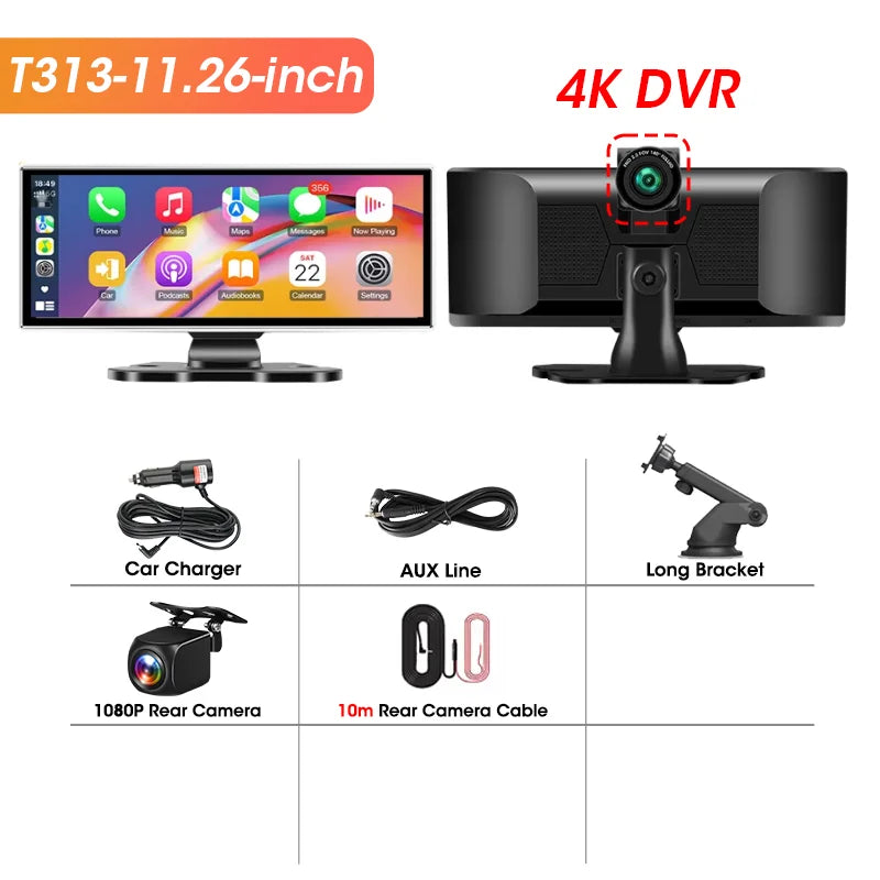 11.26" Dash Cam 4K Car DVR Wireless CarPlay Android Auto | GPS Dual Lens 5G WiFi FM