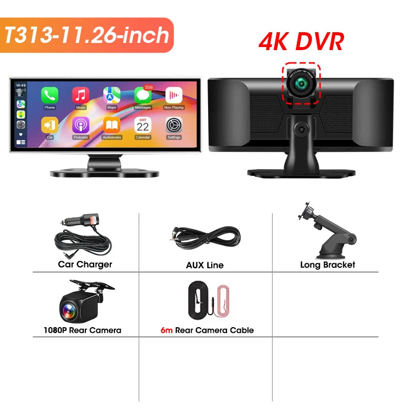 11.26" Dash Cam 4K Car DVR Wireless CarPlay Android Auto | GPS Dual Lens 5G WiFi FM