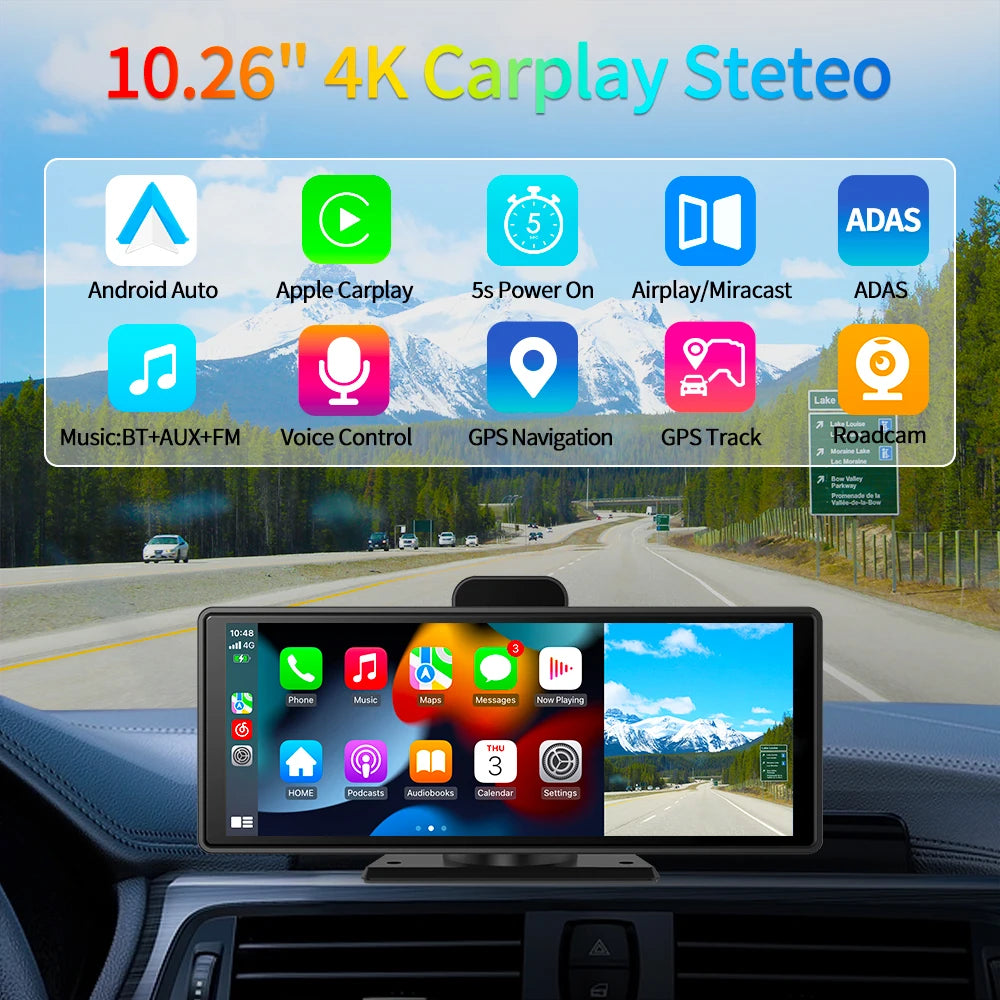10.26" 4K Dash Cam ADAS Wireless CarPlay Android Auto | 5G WiFi GPS Navigation DVR