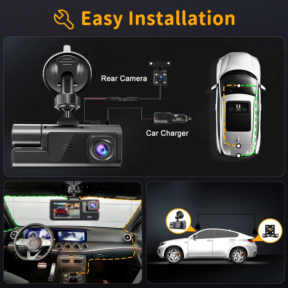 Dash Cam WiFi 3 Channels FHD 1080P | Car DVR Front Rear Inside Night Vision G-Sensor