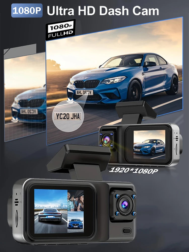 Dash Cam 3 Channel 1080P | Front Rear Inside Car DVR Camera Video Recorder